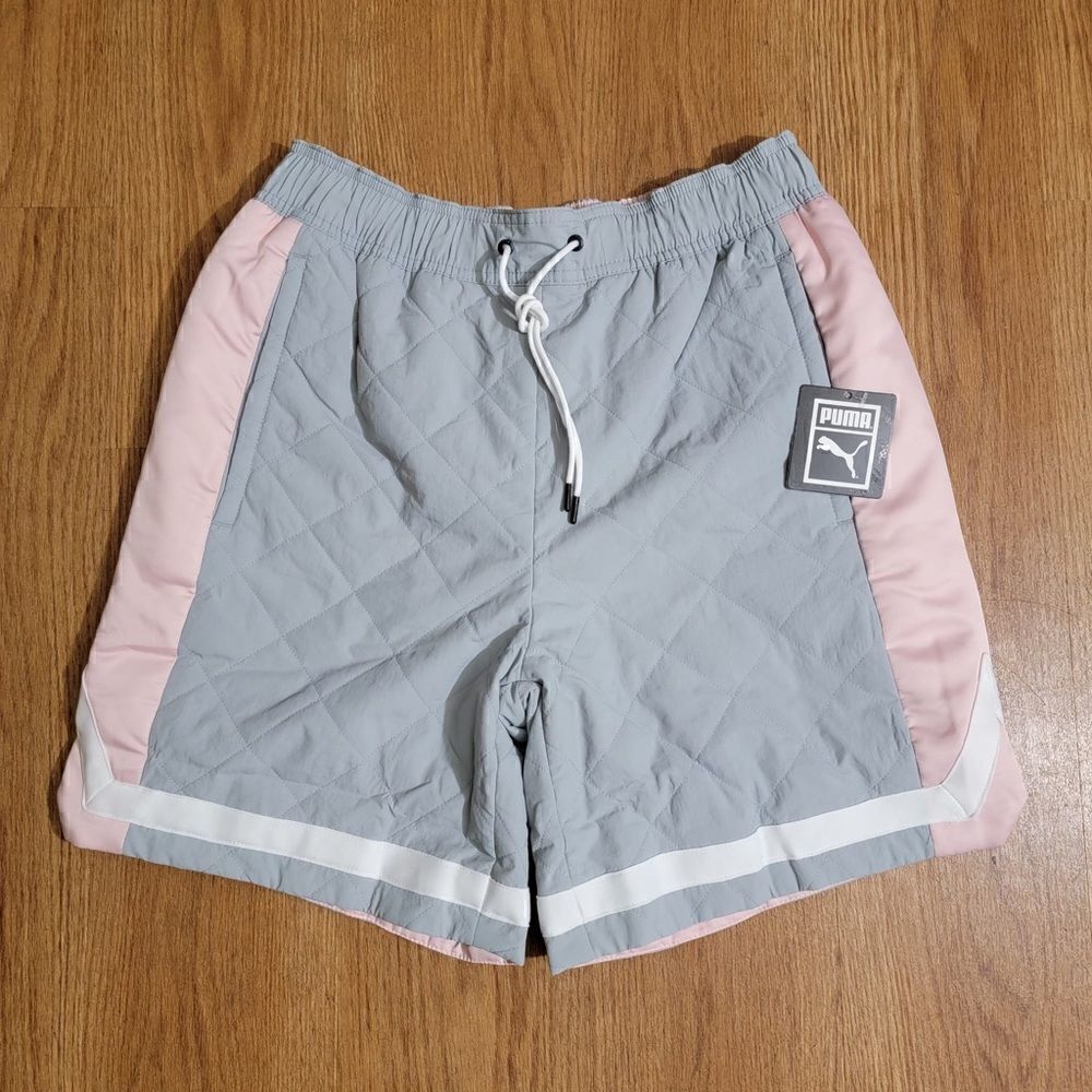 Puma Basketball Woven Padded Shorts Quarry Men's Size S Gray White Pink 532083